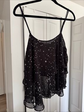 She and Sky Black Star Print Layered Chiffon Camisole